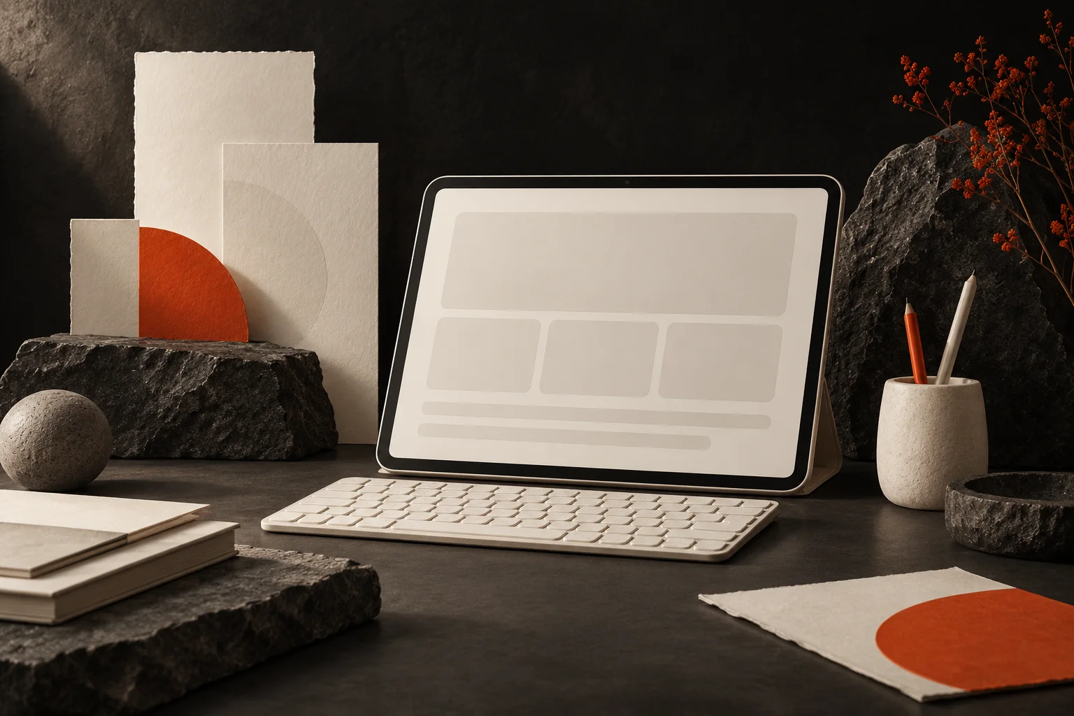 Tablet und Tastatur in einer übersichtlichen Arbeitsumgebung.