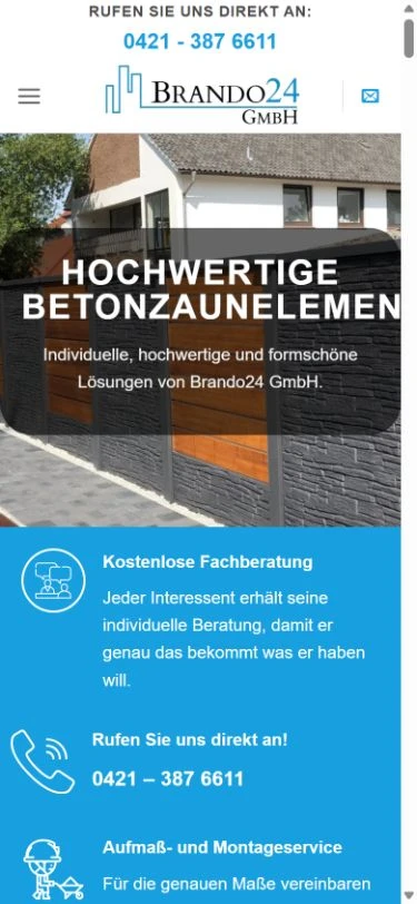 Mobile Brando24-Website mit Telefonnummer und Kontaktmöglichkeiten