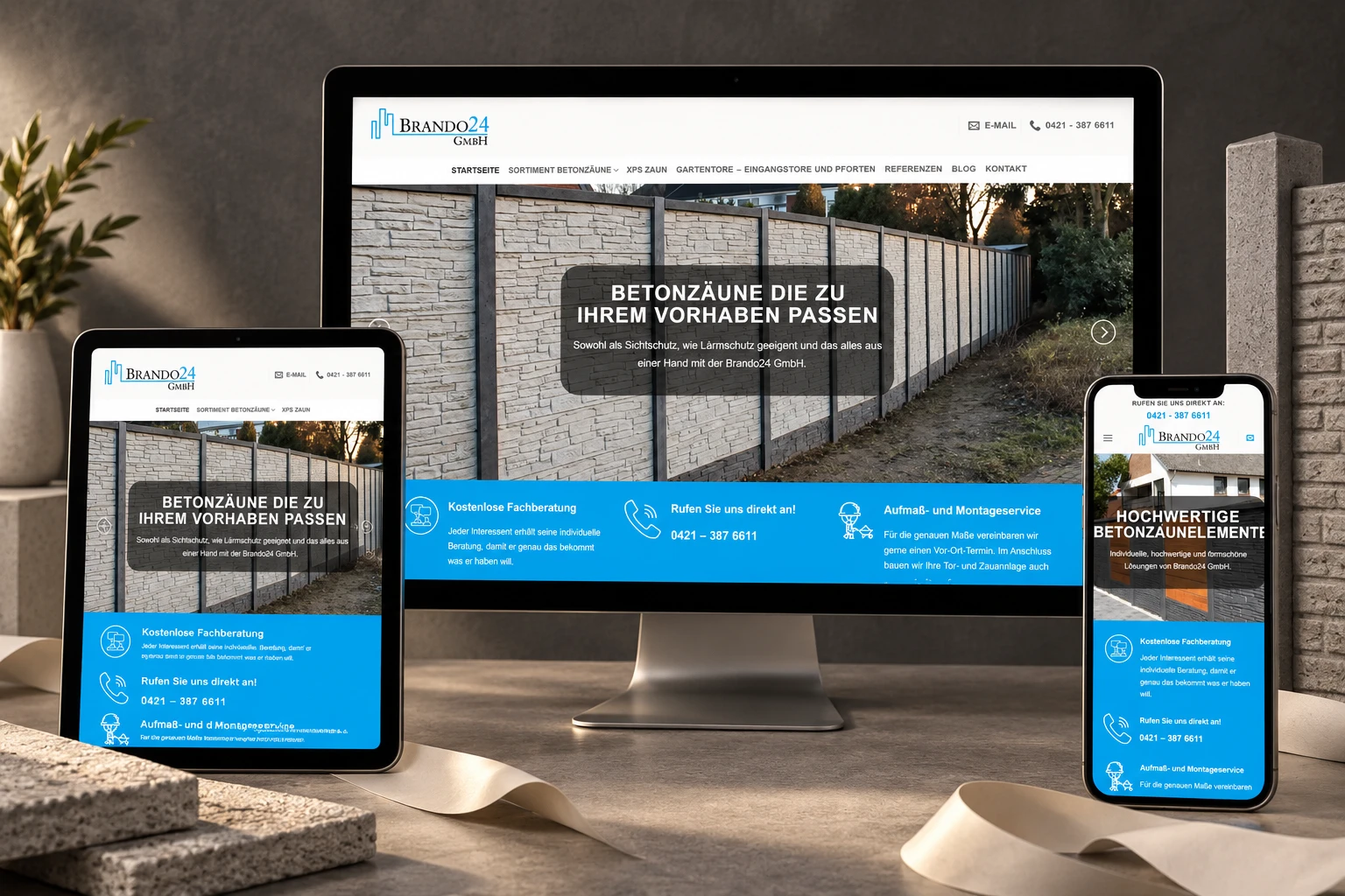 Brando24-Website auf Monitor, Tablet und Smartphone