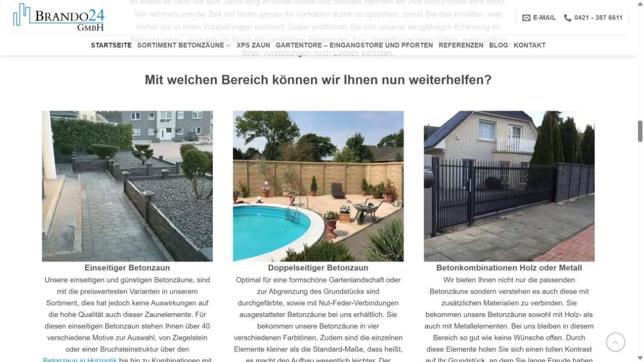 Originale Brando24-Websiteansicht mit verschiedenen Betonzaunvarianten