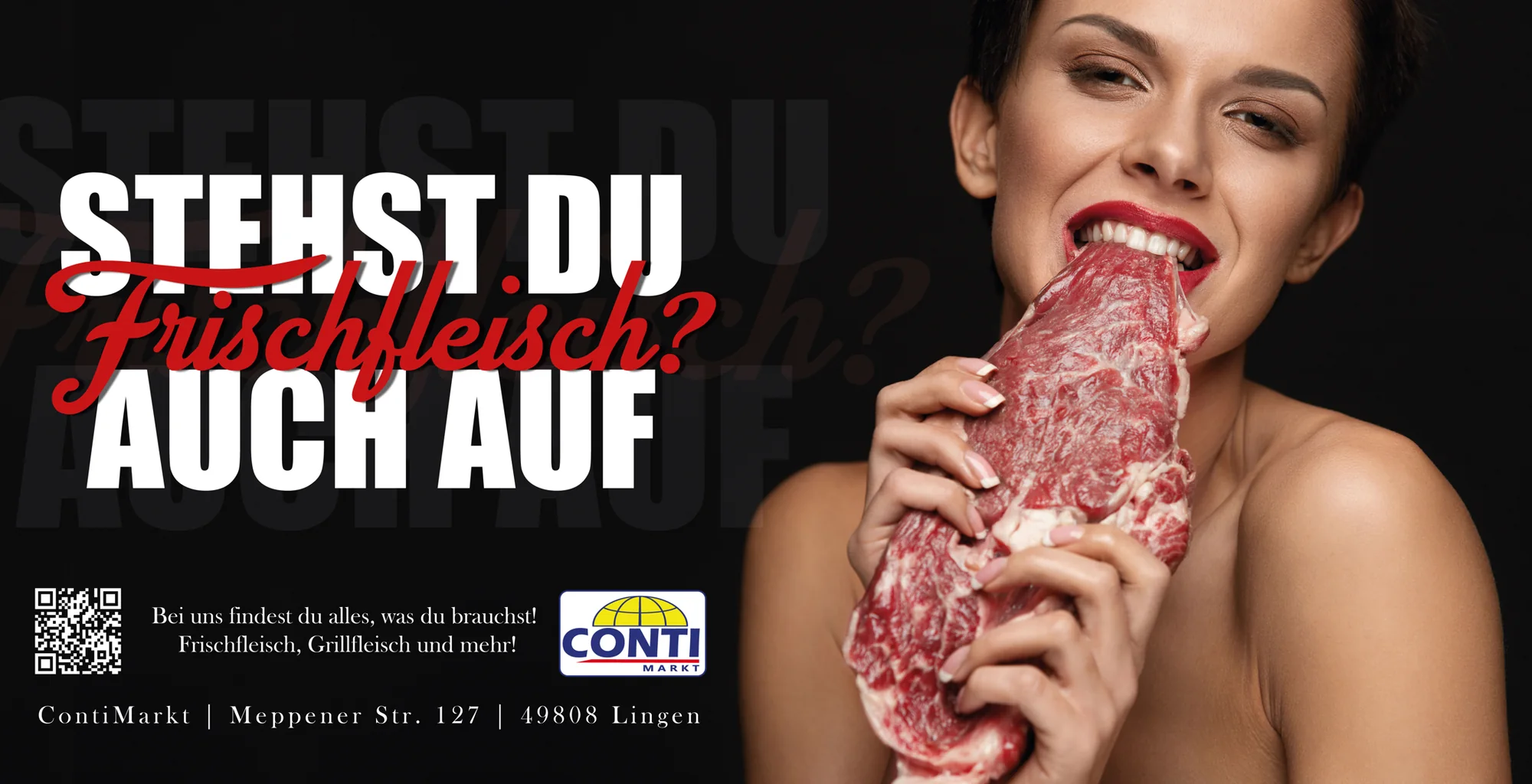 Original Conti Markt advertising banner with meat imagery, logo and QR code