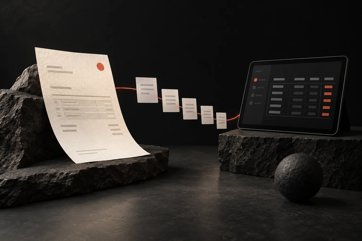 Papierbeleg und Tablet mit geordneten digitalen Datenfeldern.