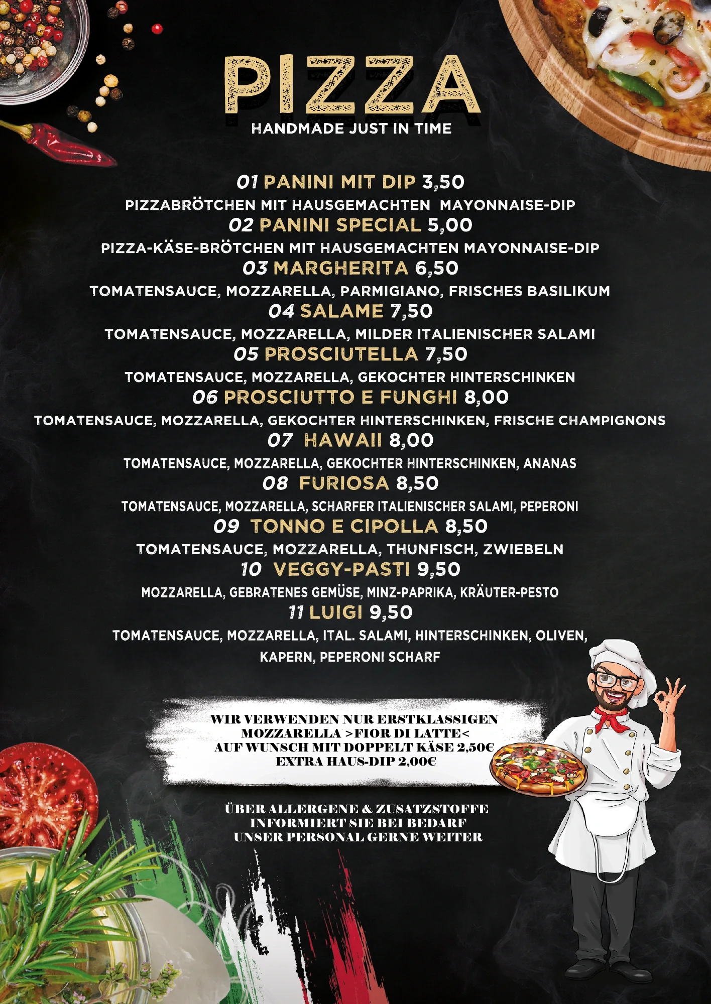 Back of the historical Fabiano delivery flyer with pizza and panini menu