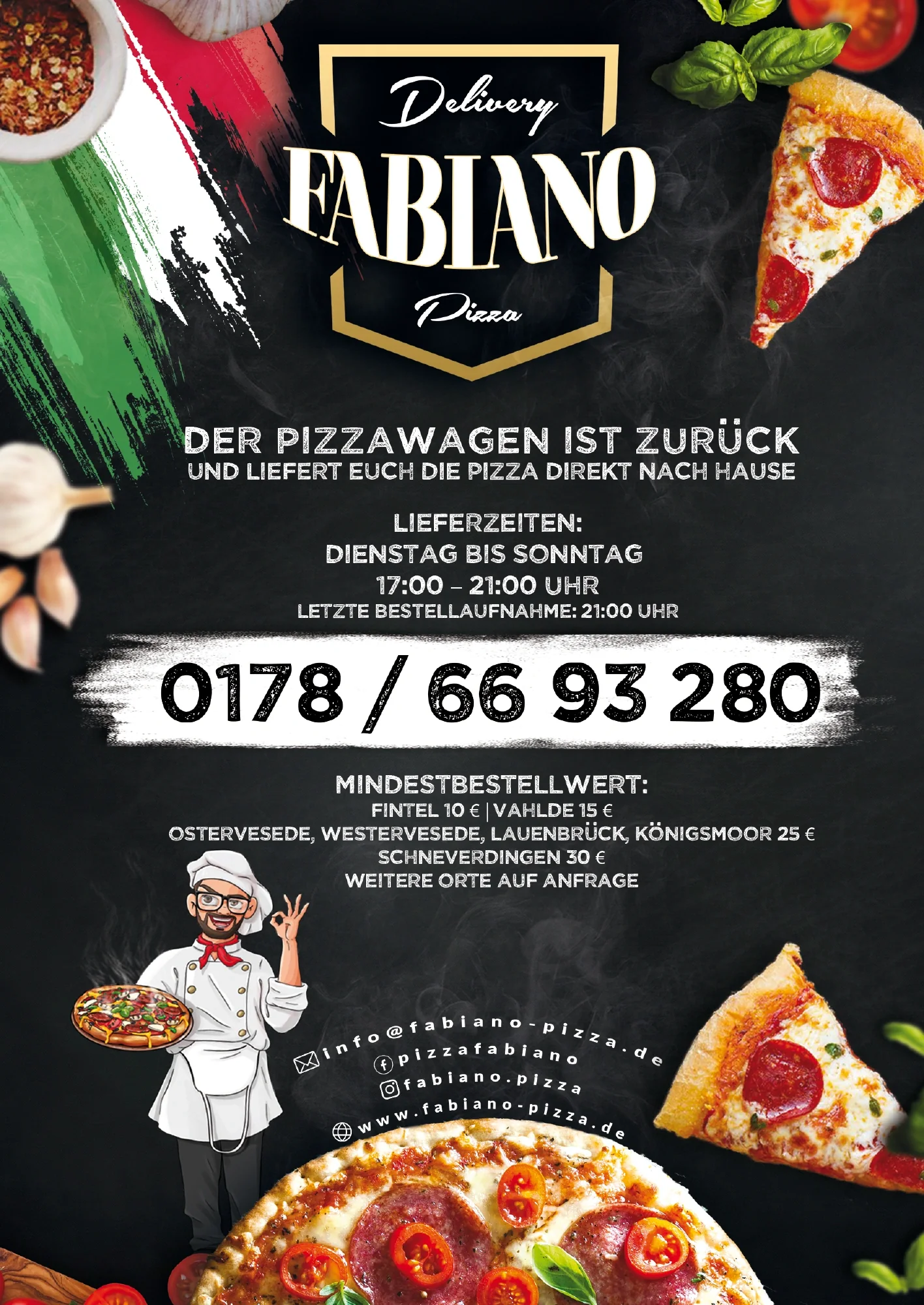 Front of the historical Fabiano delivery flyer with chef character and delivery information