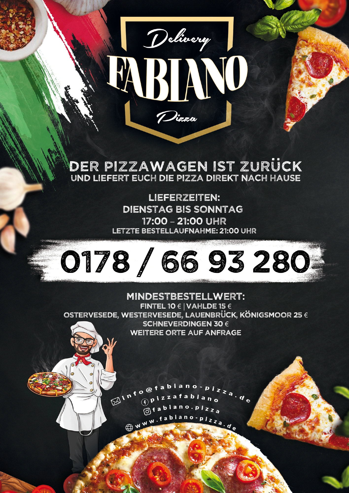 Vorderseite des historischen Fabiano-Lieferflyers mit Kochfigur und Lieferinformationen