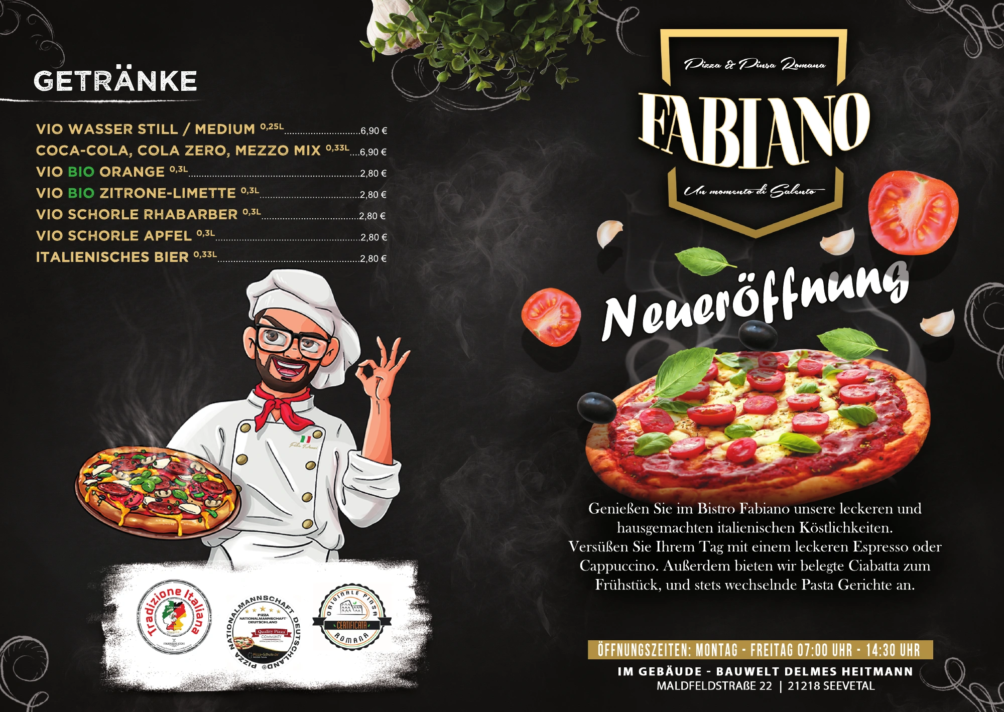 Historische Neueröffnungskarte für Bistro Fabiano mit Logo, Kochfigur und Getränkeliste