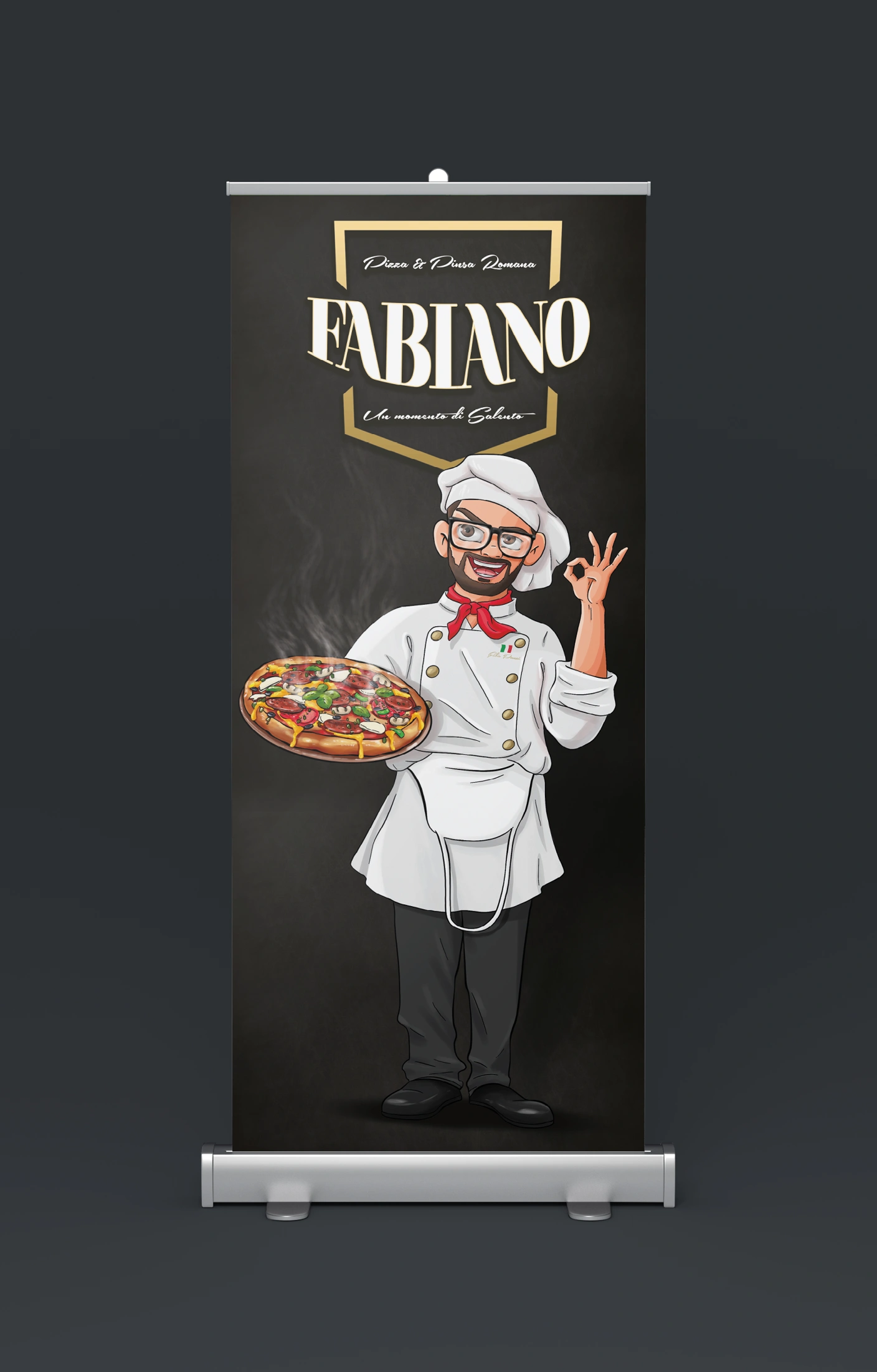 Roll-up-Gestaltung mit Fabiano-Logo und gezeichneter Kochfigur