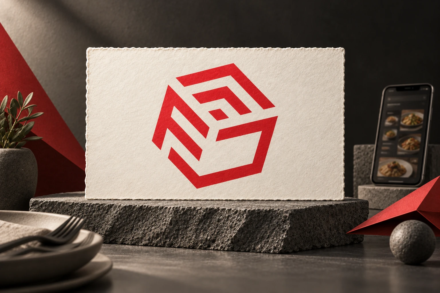 FoodCube – rotes Würfellogo auf strukturiertem Papier mit dezentem Speisekartenmotiv