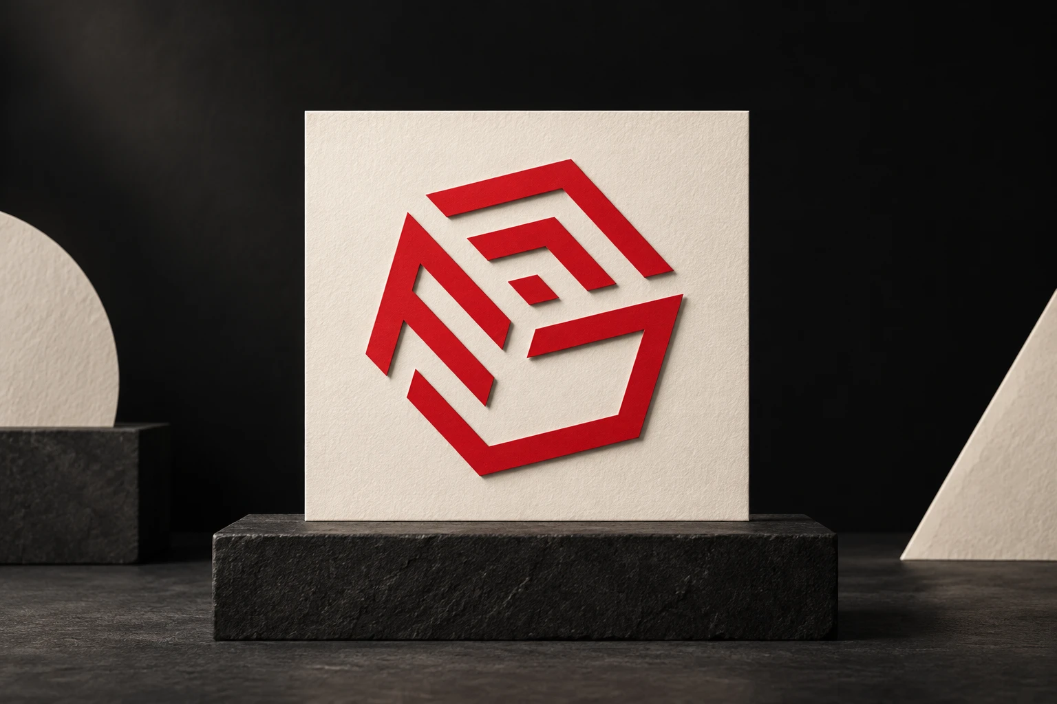 FoodCube-Referenz ansehen – rotes Würfellogo in einer abstrakten Papierinszenierung