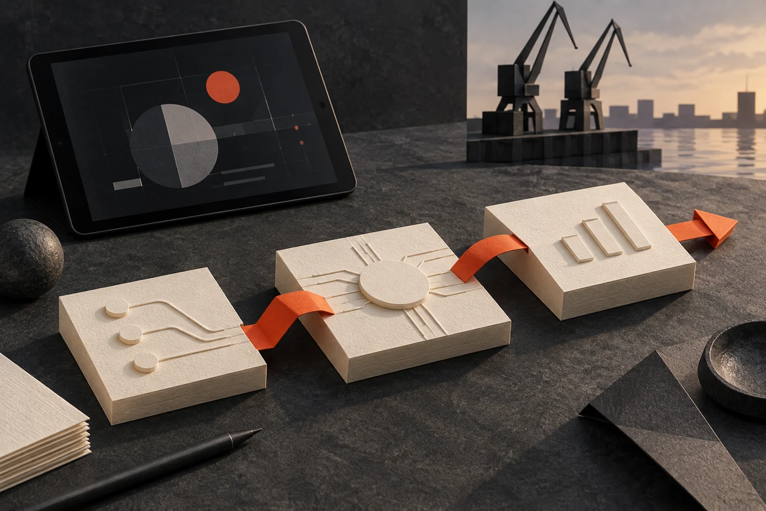 Digital consultancy illustration with documents and an abstract Hamburg harbour