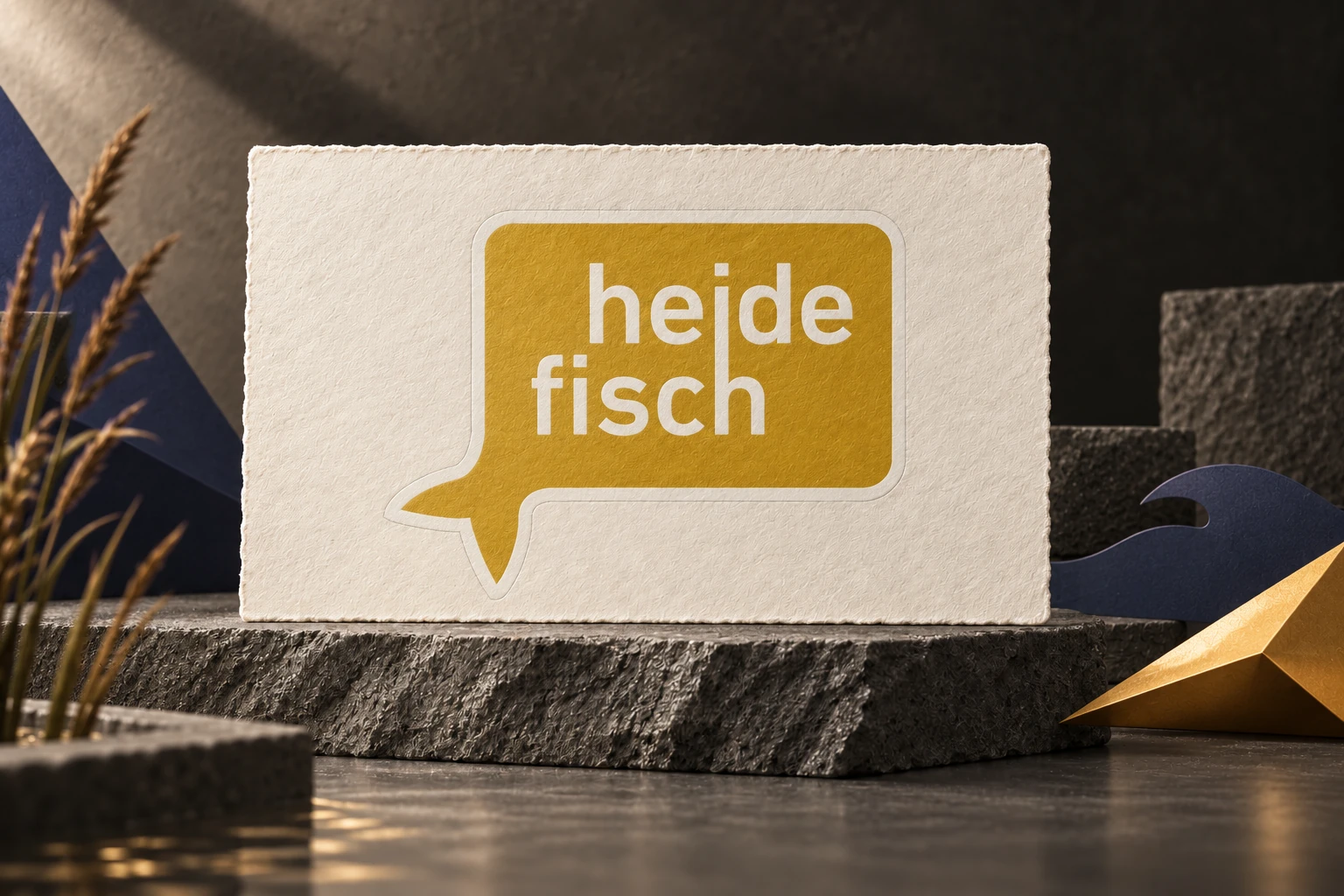 Heidefisch – Logo auf strukturiertem Papier mit dezenten Schilf- und Wellenmotiven