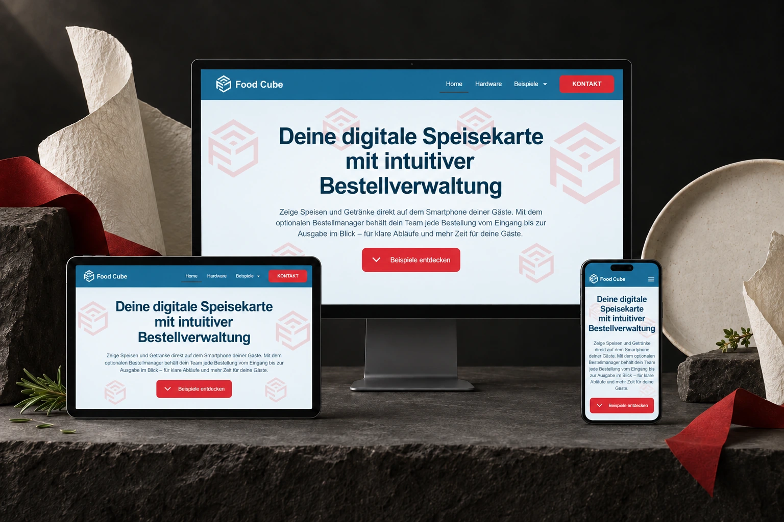 FoodCube: Produktwebsite als Mockup auf Monitor, Tablet und Smartphone in einer gastronomischen Atelierszene.