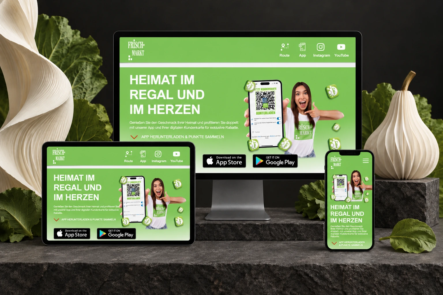Frischmarkt Gifhorn: Webseiten-Mockup auf Monitor, Tablet und Smartphone mit grünen Akzenten und Frischemotiven.