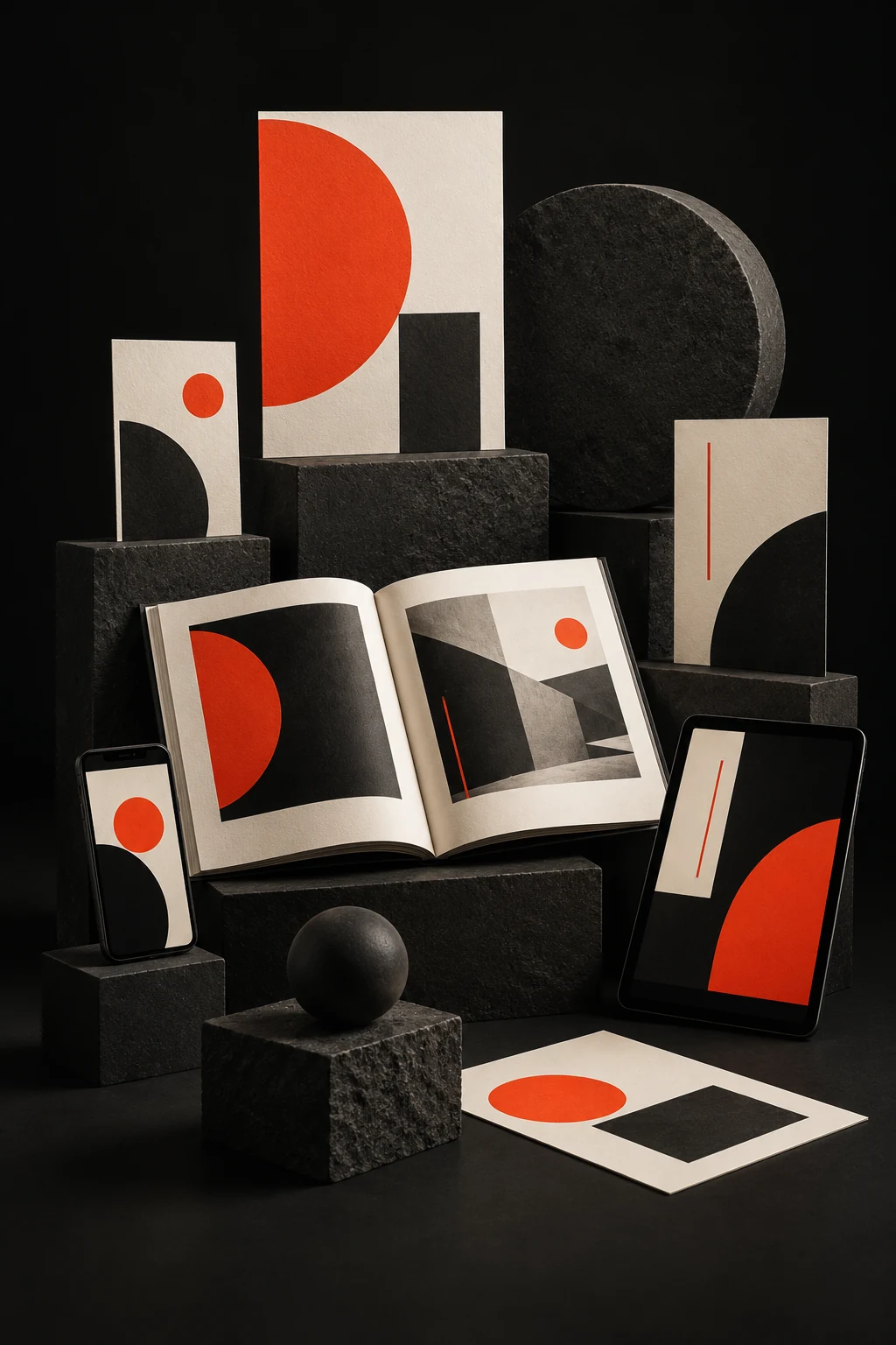 Abstraktes IDEA-Studio mit Papiergestaltung, Designbuch, Tablet und Smartphone in Schwarz, Creme und Orange