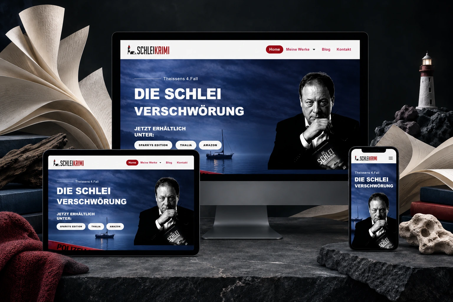 Schlei-Krimi: Webseiten-Mockup auf Monitor, Tablet und Smartphone in einer maritimen Buchszene.