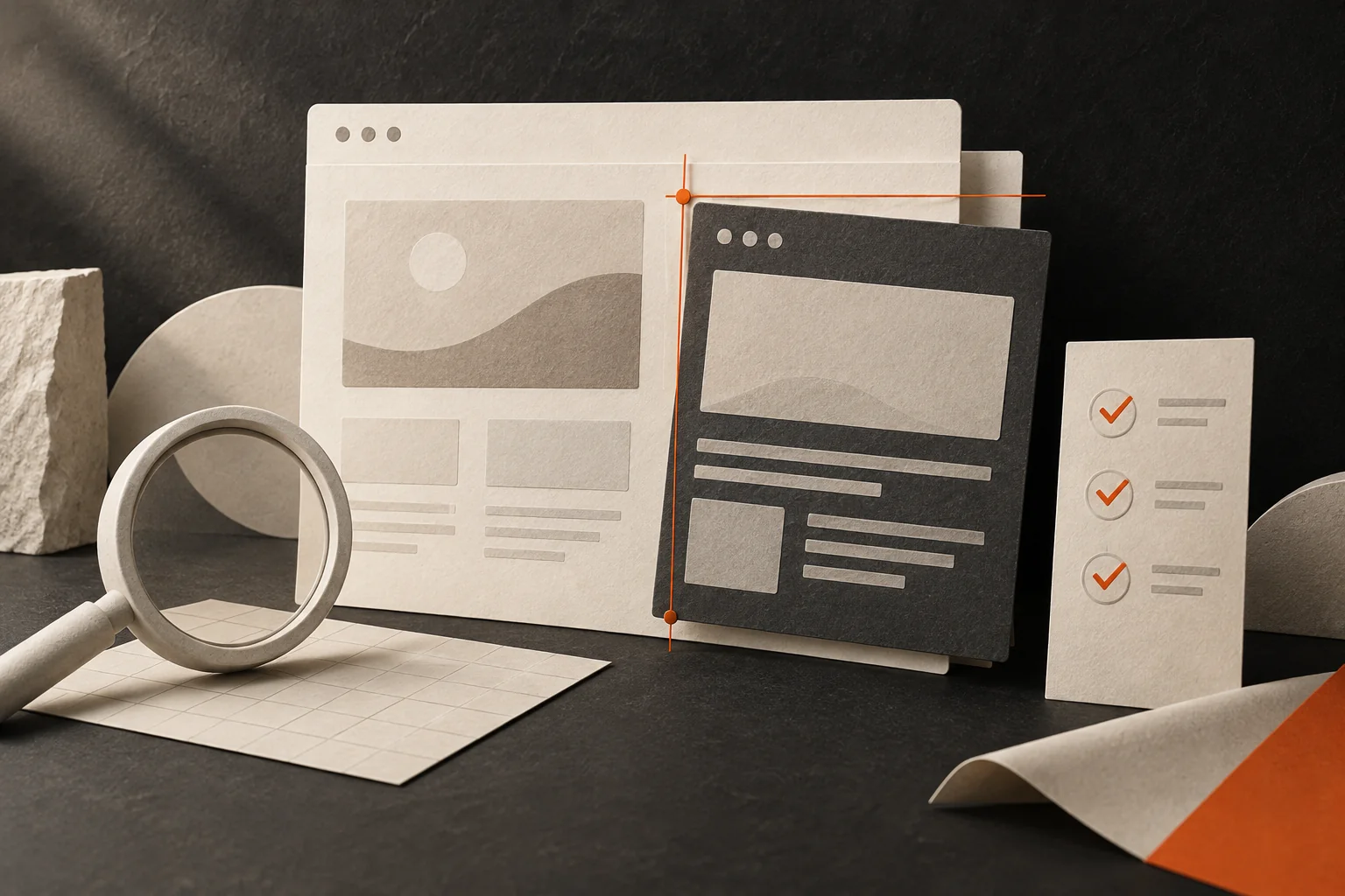 Abstrakte Website-Entwürfe aus Papier mit Lupe und Prüfliste – Illustration zur Qualitätsprüfung von KI-Websites
