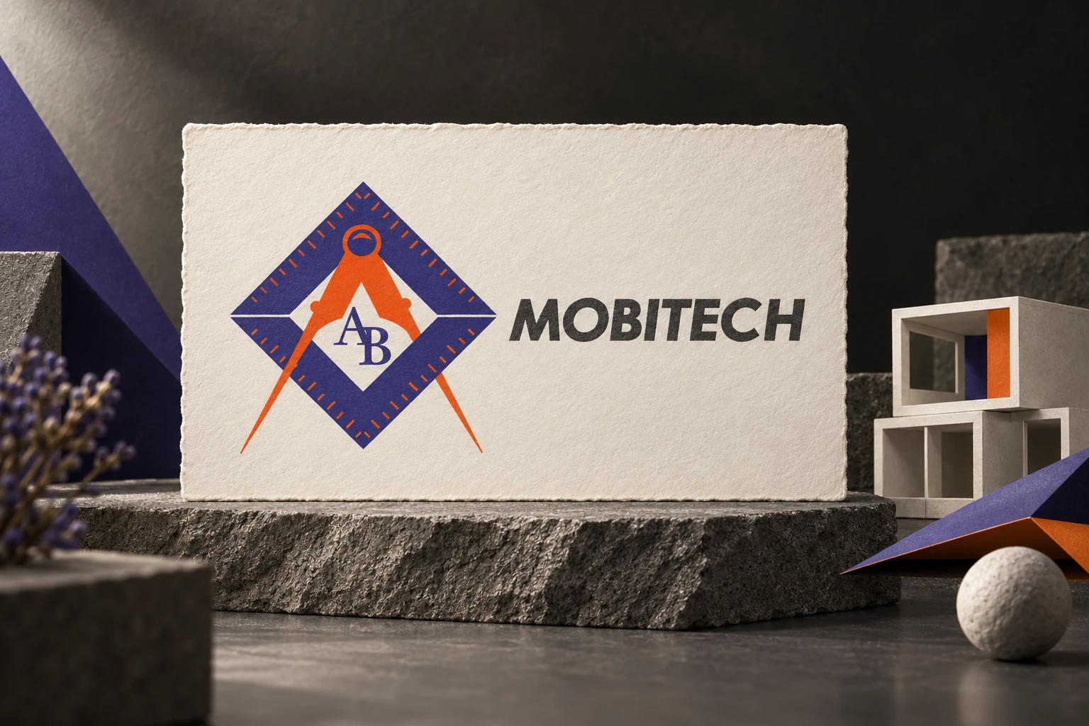 MOBITECH Logo auf strukturiertem Papier mit abstrakten Raummodulen