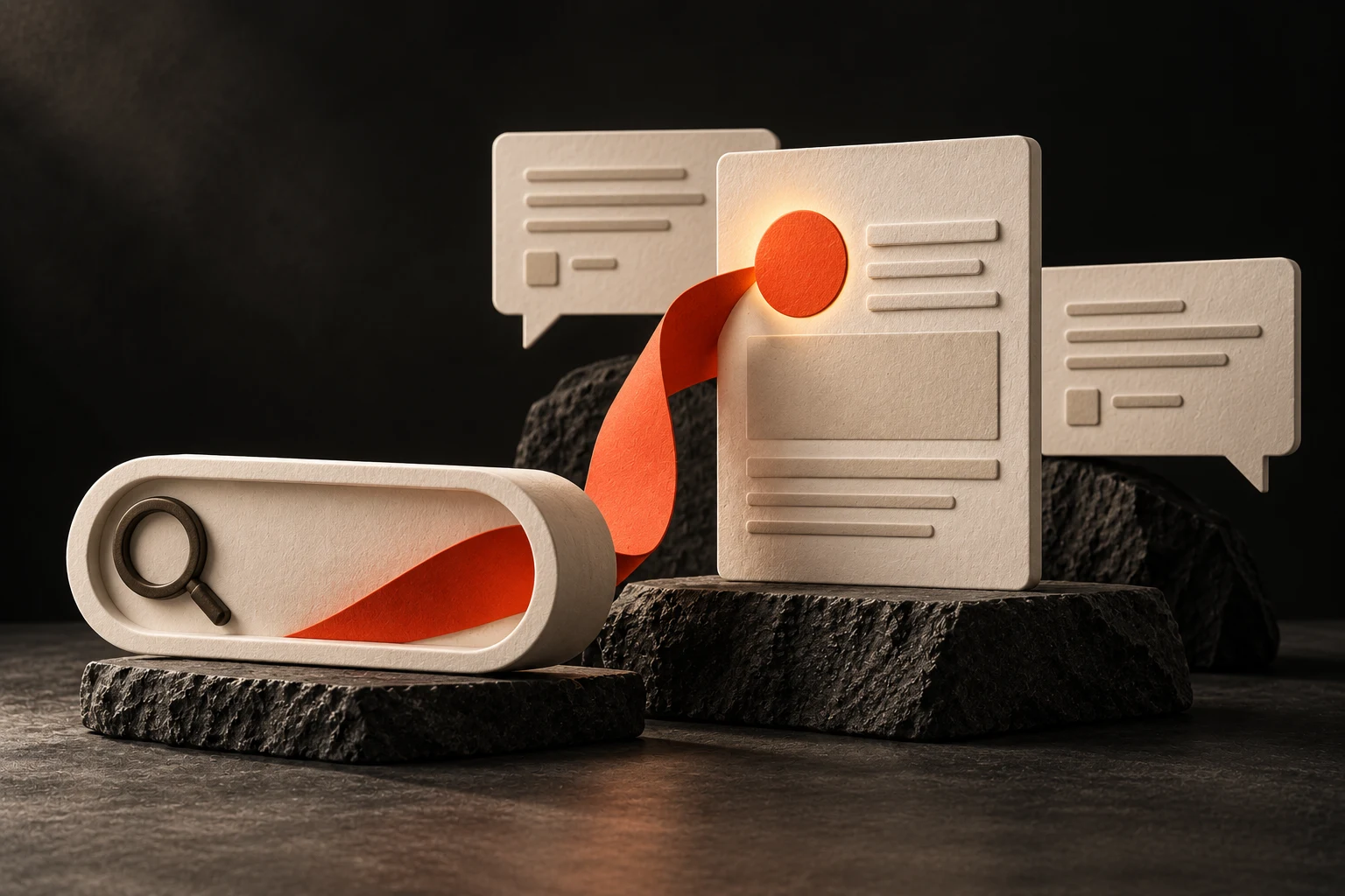 Suchleiste, Website und KI-Antworten als matte Papierskulpturen, verbunden durch ein orangefarbenes Band